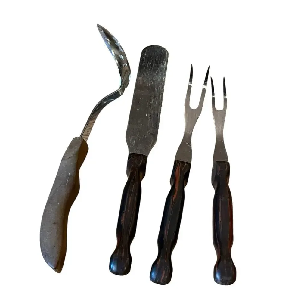 4 VTG Cutco 2 Chef Forks, Slotted Spoon, Spreader Knife Lot Brown